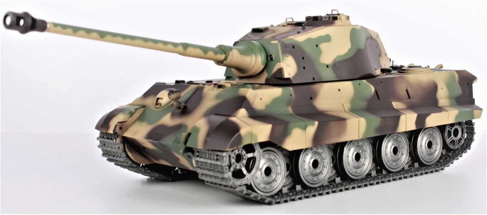 RC Tank 1:16 Nemecký King Tiger s dymovými a zvukovými efektmi, oceľovými doplnkami a pásikmi, strieľačka guličky